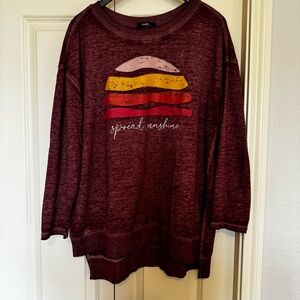 "Spread sunshine" long sleeved graphic tee.  Slightly longer in back. Size 1X